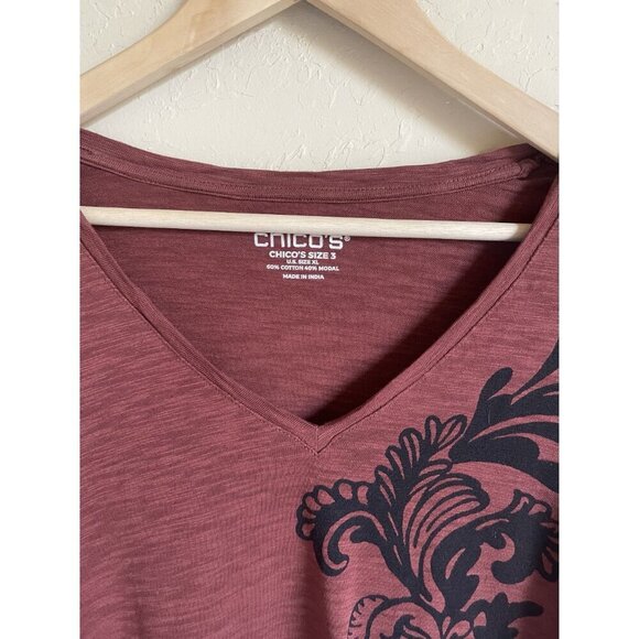 Chico's Scroll Print 3/4 Sleeve Romantic Maroon Red Tee Puff Sleeve Modal Cotton - Picture 4 of 6